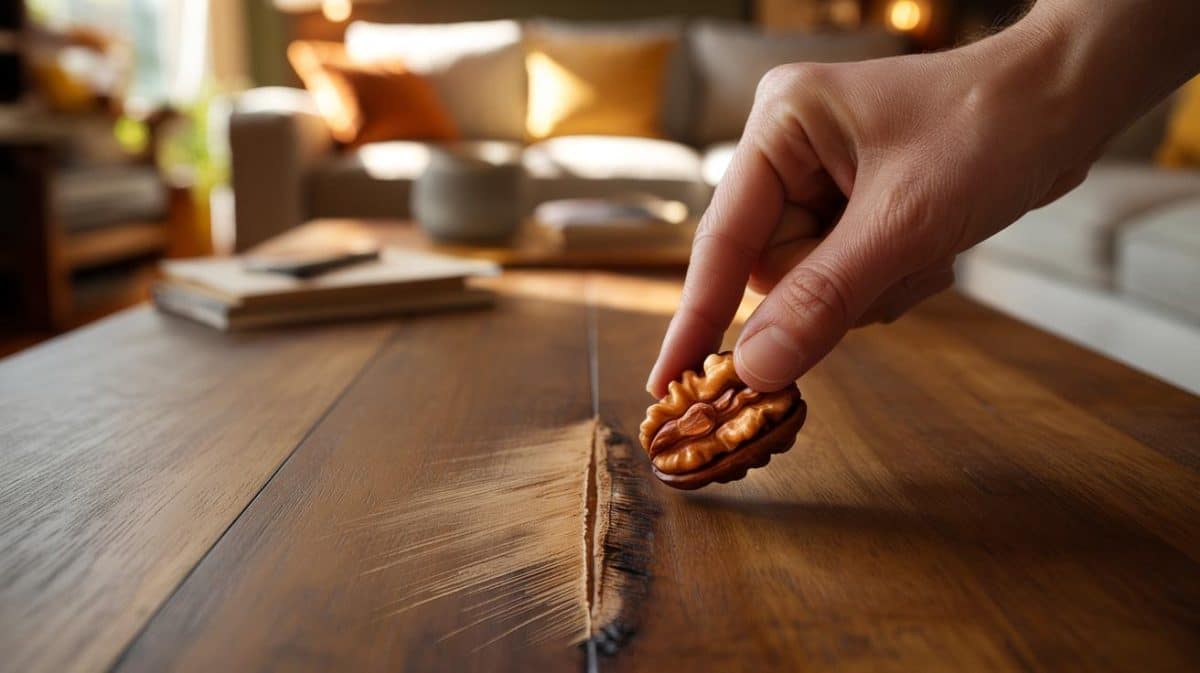 The trick of rubbing a walnut over scratches on wooden furniture works instantly because the nut's natural oils mimic the wood stain