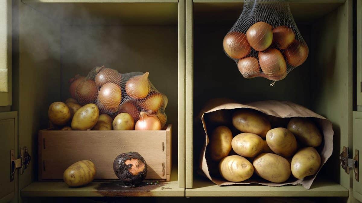 Why you should never store potatoes and onions together, as the gases released by the onions cause the potatoes to sprout and rot weeks earlier