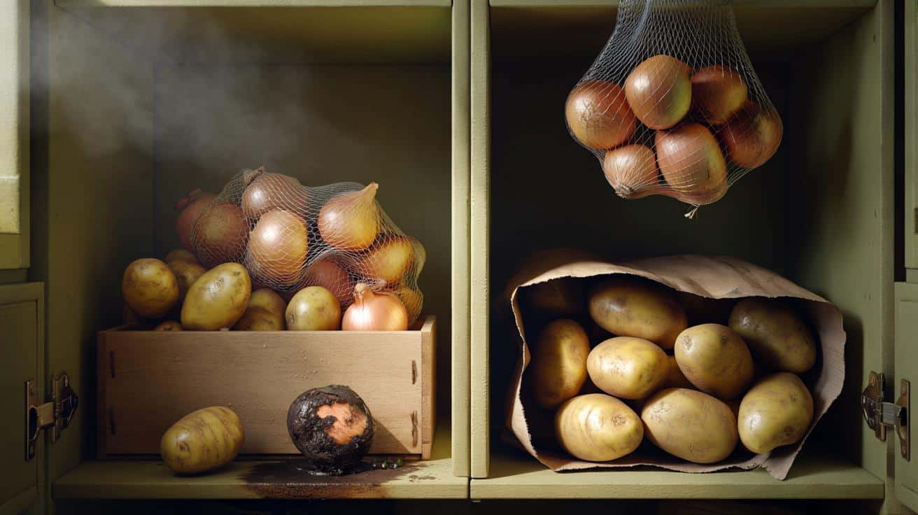 Why you should never store potatoes and onions together, as the gases released by the onions cause the potatoes to sprout and rot weeks earlier